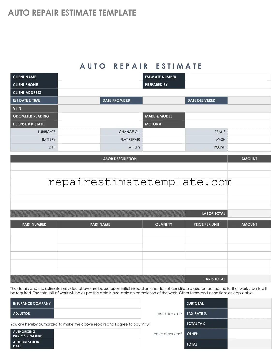 Auto Repair Estimate Template